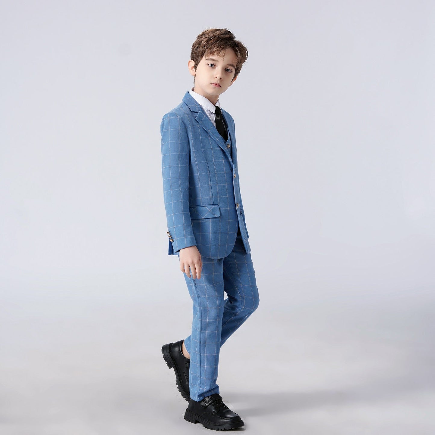 ly1671 Light Blue Plaid Page Boy Formal 5 Piece Boys Suits