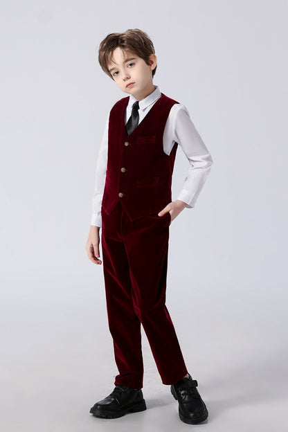 ly1419 Burgundy Velvet 2 Piece Kids Boys' Vest and Pants Dress Suits Set