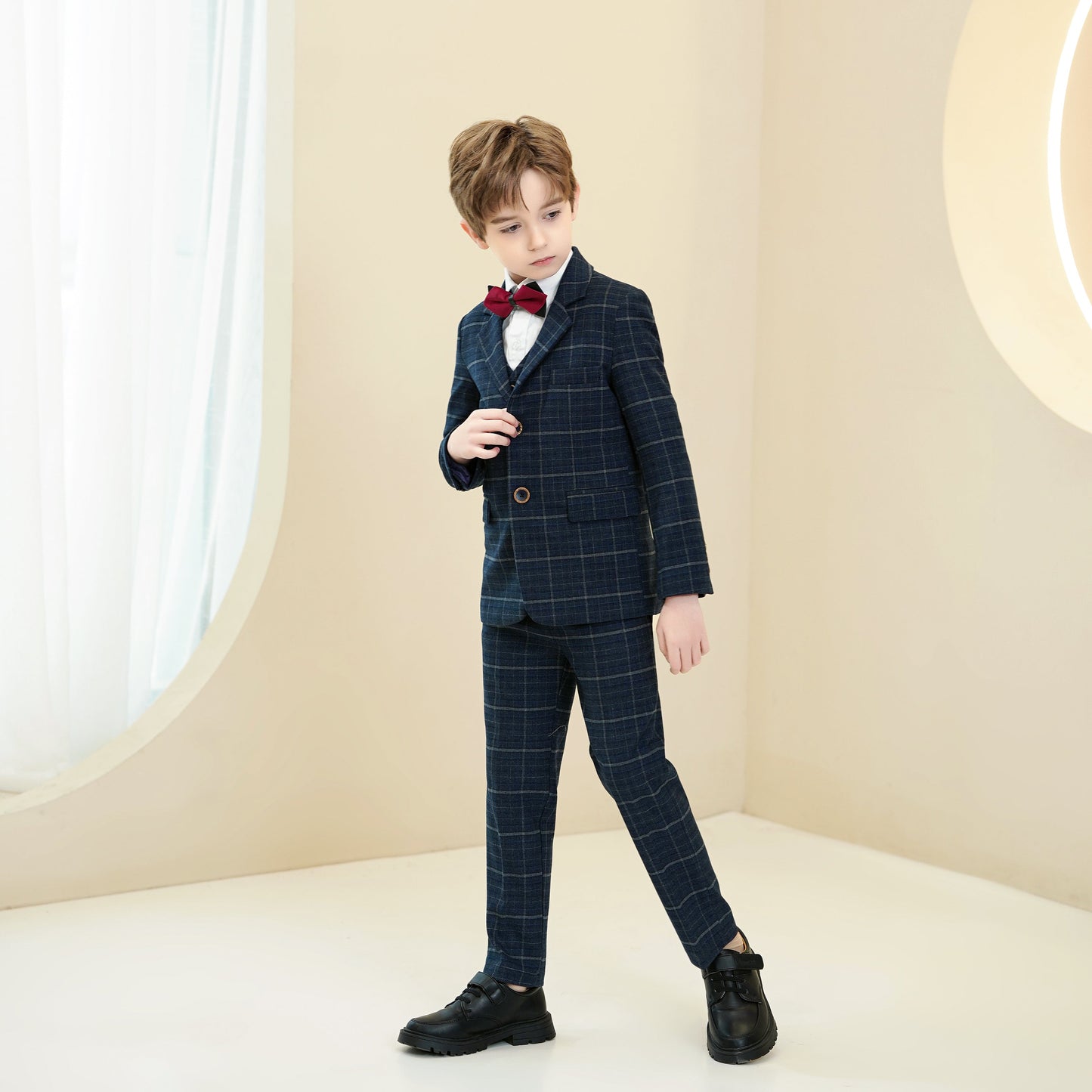 ly1283 Navy Plaid Elegant 5 Piece Boys Suits