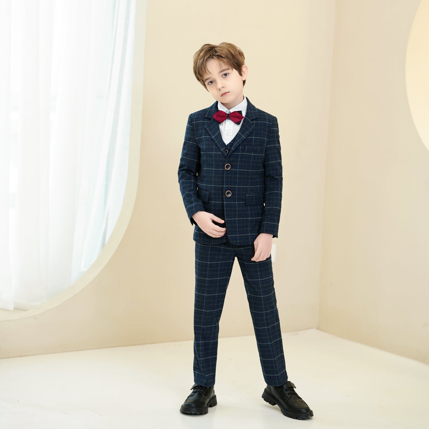 ly1283 Navy Plaid Elegant 5 Piece Boys Suits