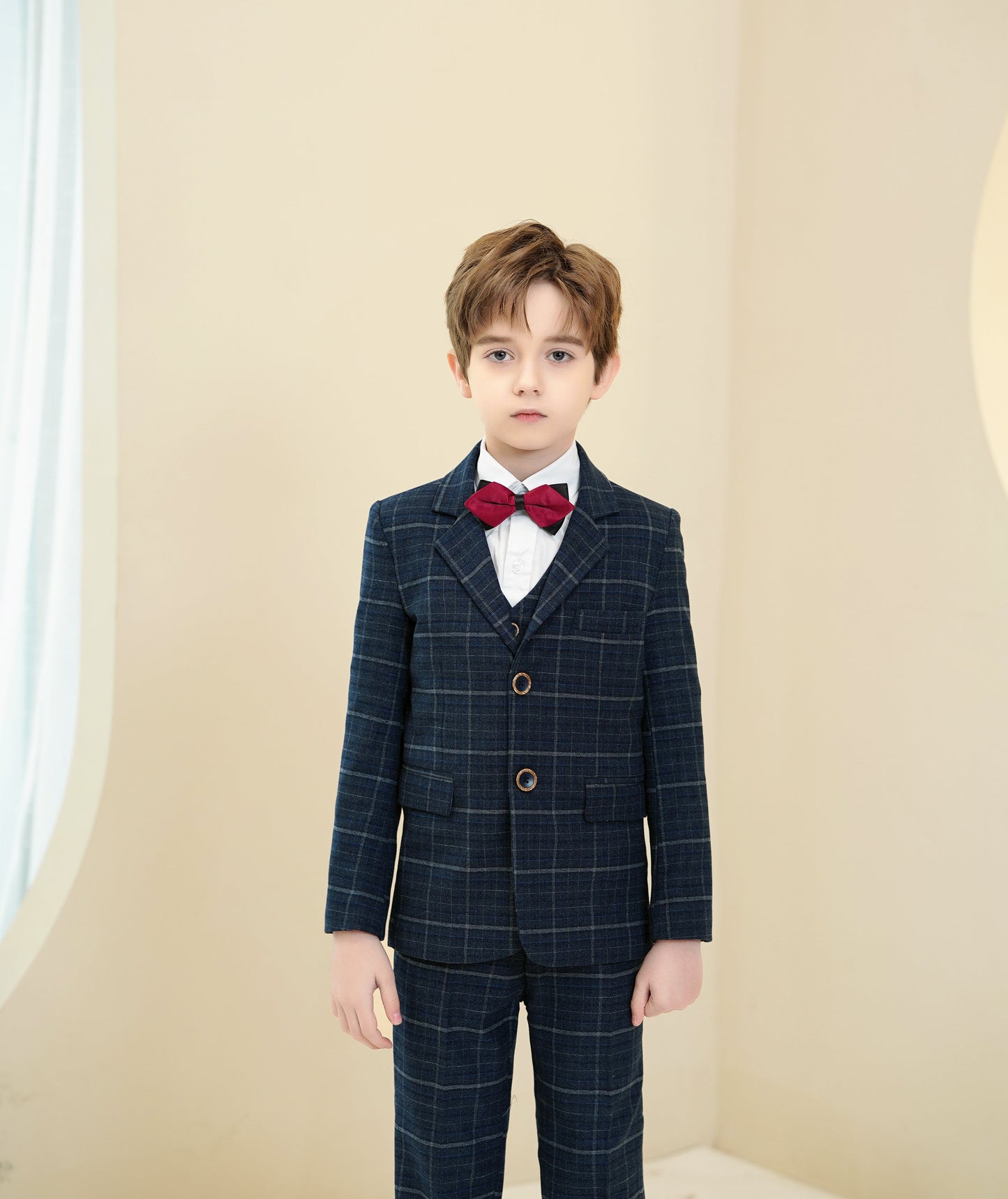 ly1283 Navy Plaid Elegant 5 Piece Boys Suits