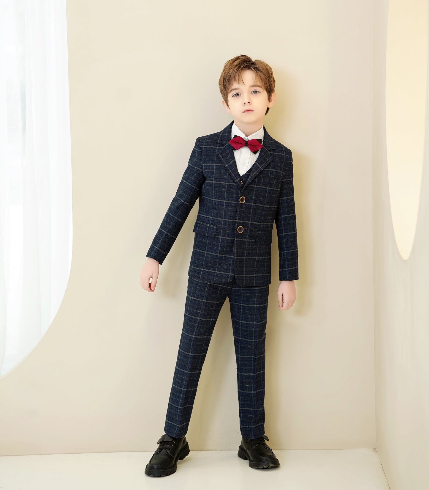 ly1283 Navy Plaid Elegant 5 Piece Boys Suits