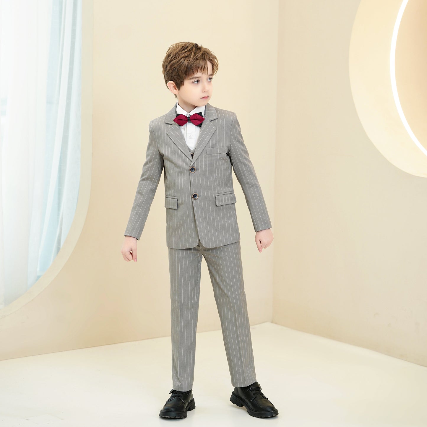 ly1292 Light Grey Striped Page Boy 5 Piece Boy's Formal Suits