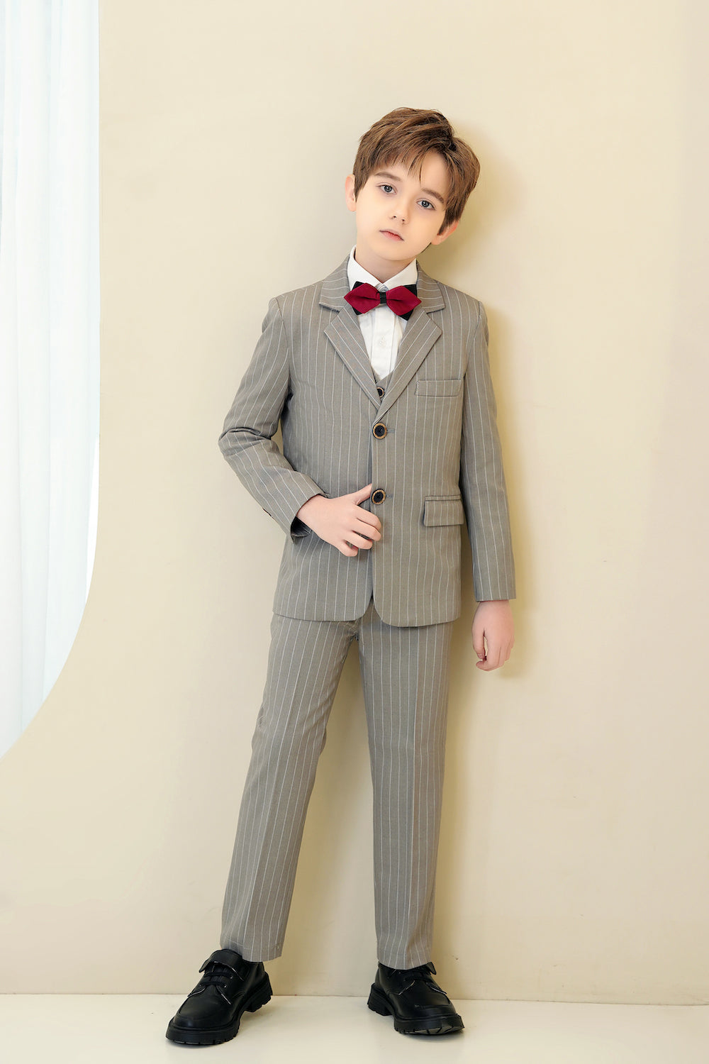 Light Grey Striped Modern 5 Piece Boy's Formal Suits