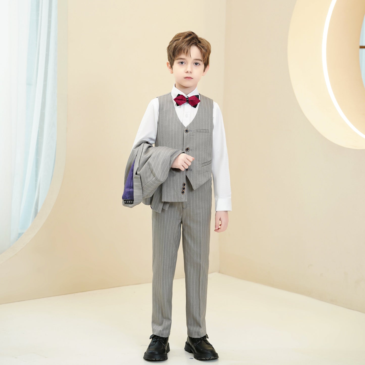 ly1292 Light Grey Striped Page Boy 5 Piece Boy's Formal Suits