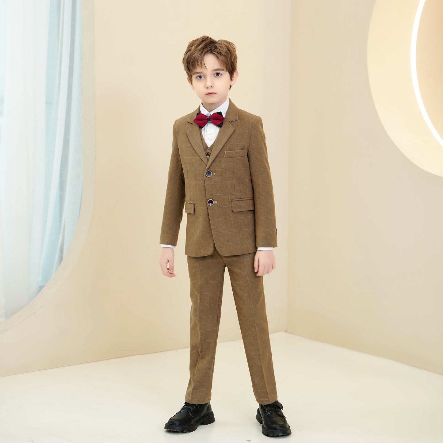 ly1280 Dark Khaki Plaid Formal 5 Piece Boys Suits