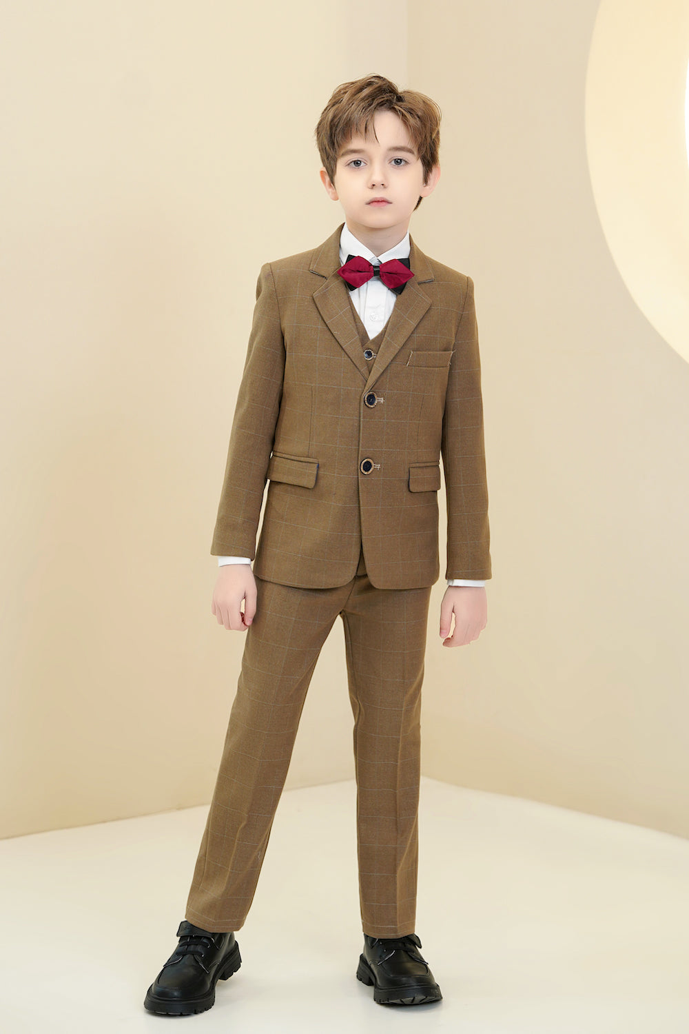 Dark Khaki Plaid Elegant 5 Piece Boys Suits