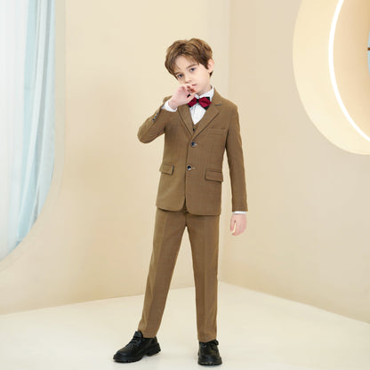 ly1280 Dark Khaki Plaid Formal 5 Piece Boys Suits