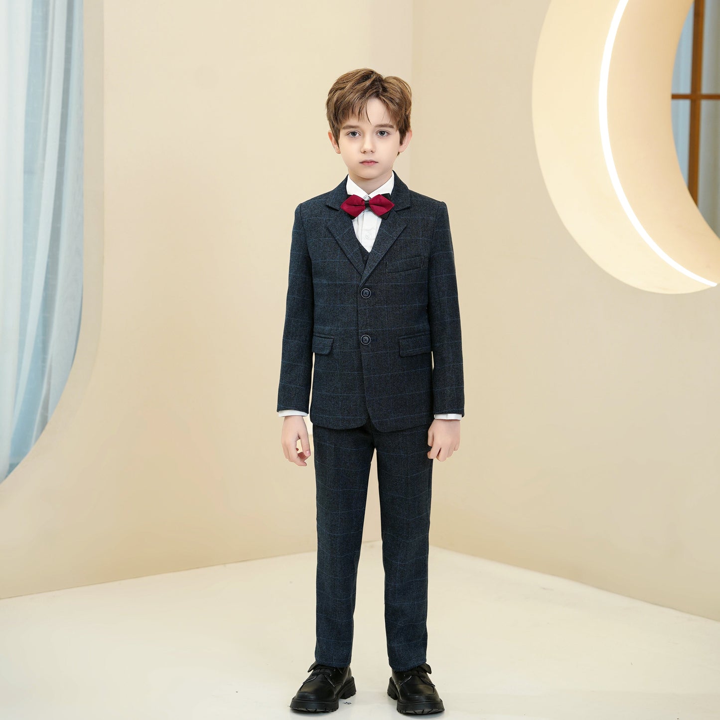 ly1284 Navy Blue Plaid Formal 5 Piece Boys Suits