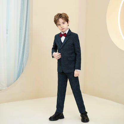 ly1284 Navy Blue Plaid Formal 5 Piece Boys Suits