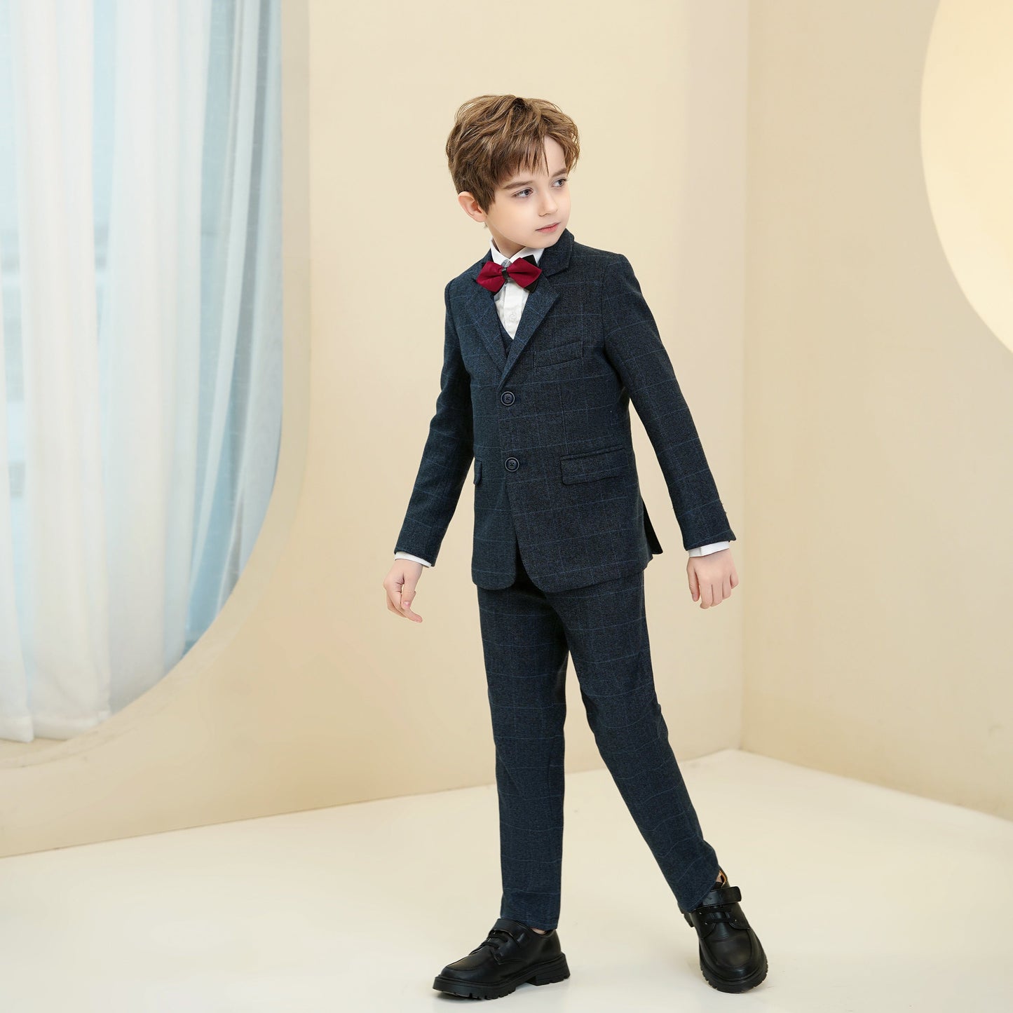 ly1284 Navy Blue Plaid Formal 5 Piece Boys Suits