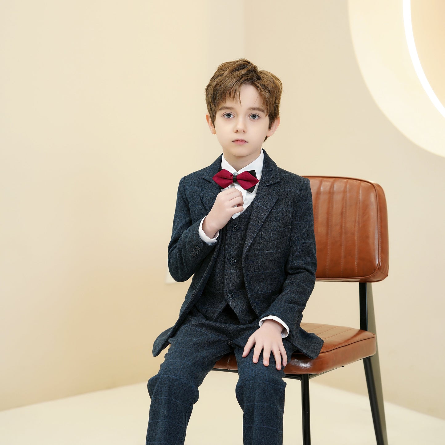 ly1284 Navy Blue Plaid Formal 5 Piece Boys Suits