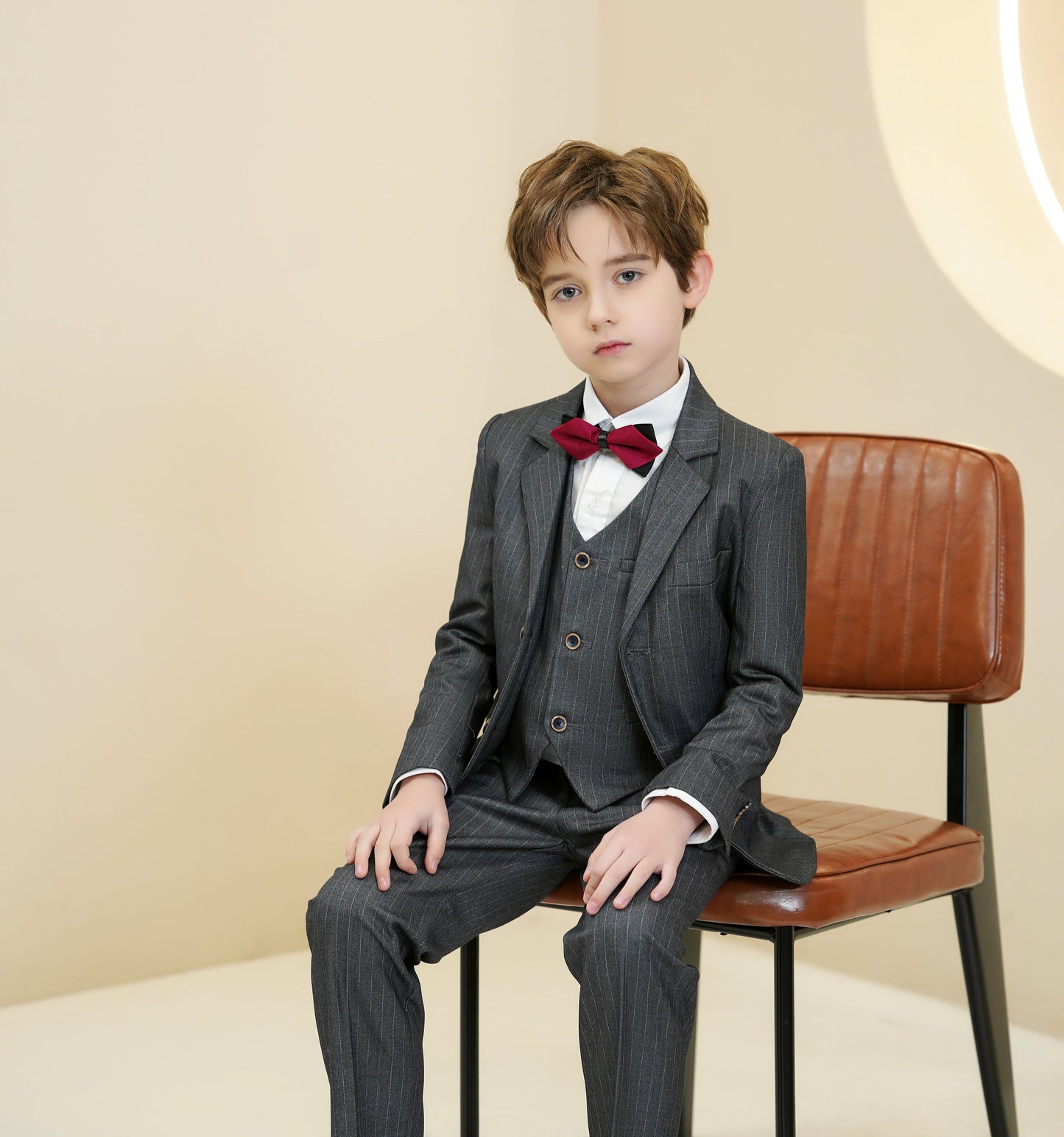 ly1289 Dark Grey Striped Modern 5 Piece Boy's Formal Suits