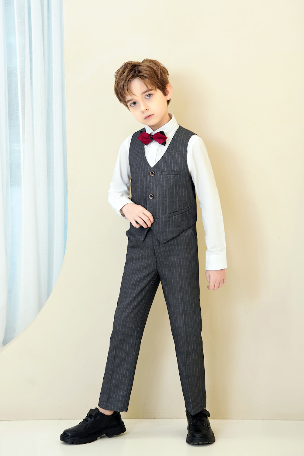 Dark Grey Striped Modern 4 Piece Boy's Formal Suits