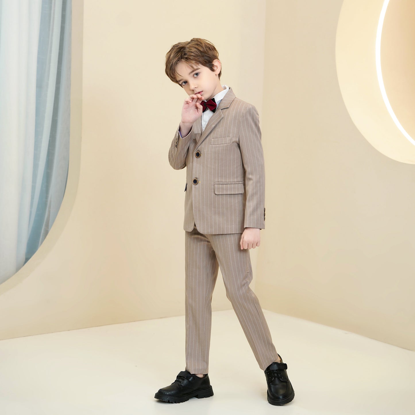 ly1288 Khaki Striped Modern 5 Piece Boy's Formal Suits