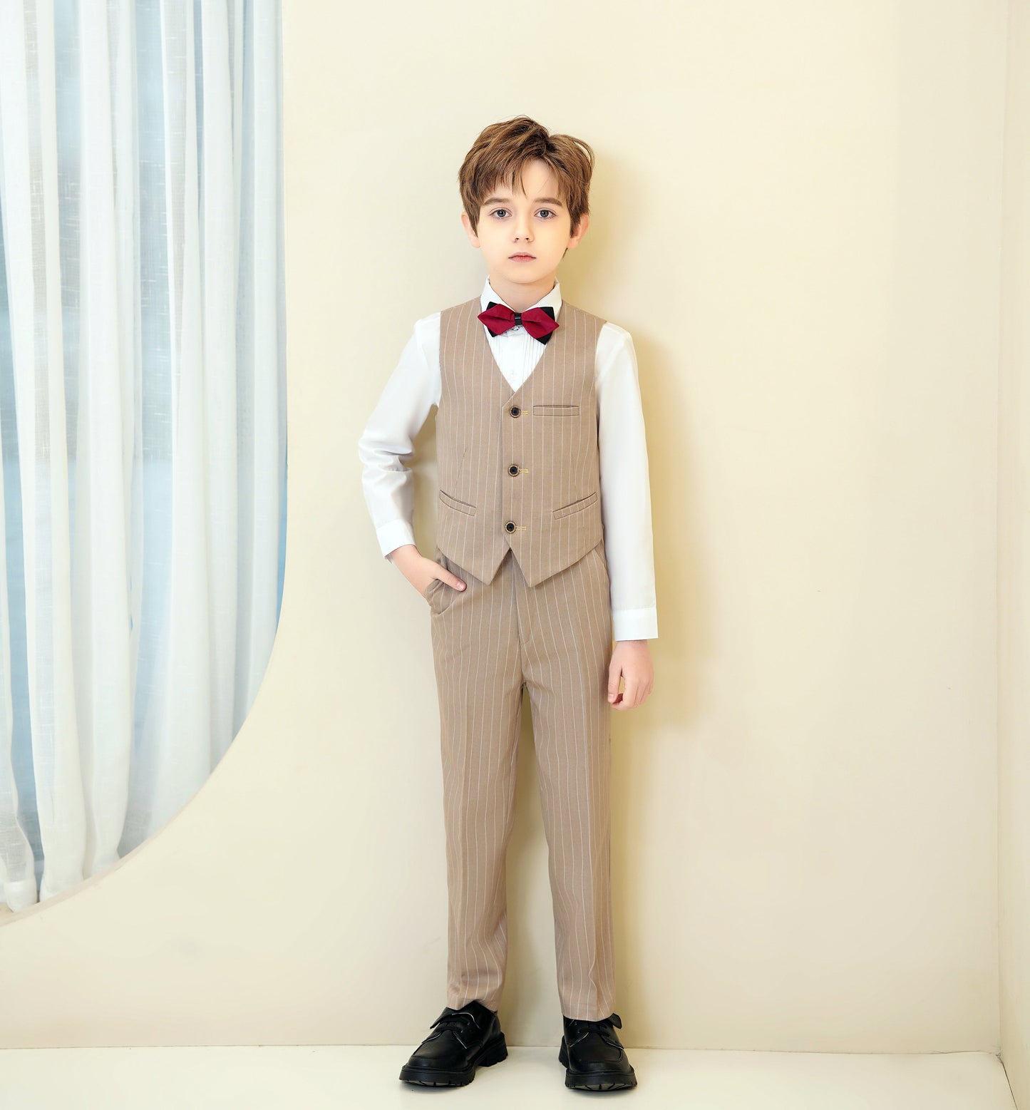 ly1288 Khaki Striped Modern 5 Piece Boy's Formal Suits