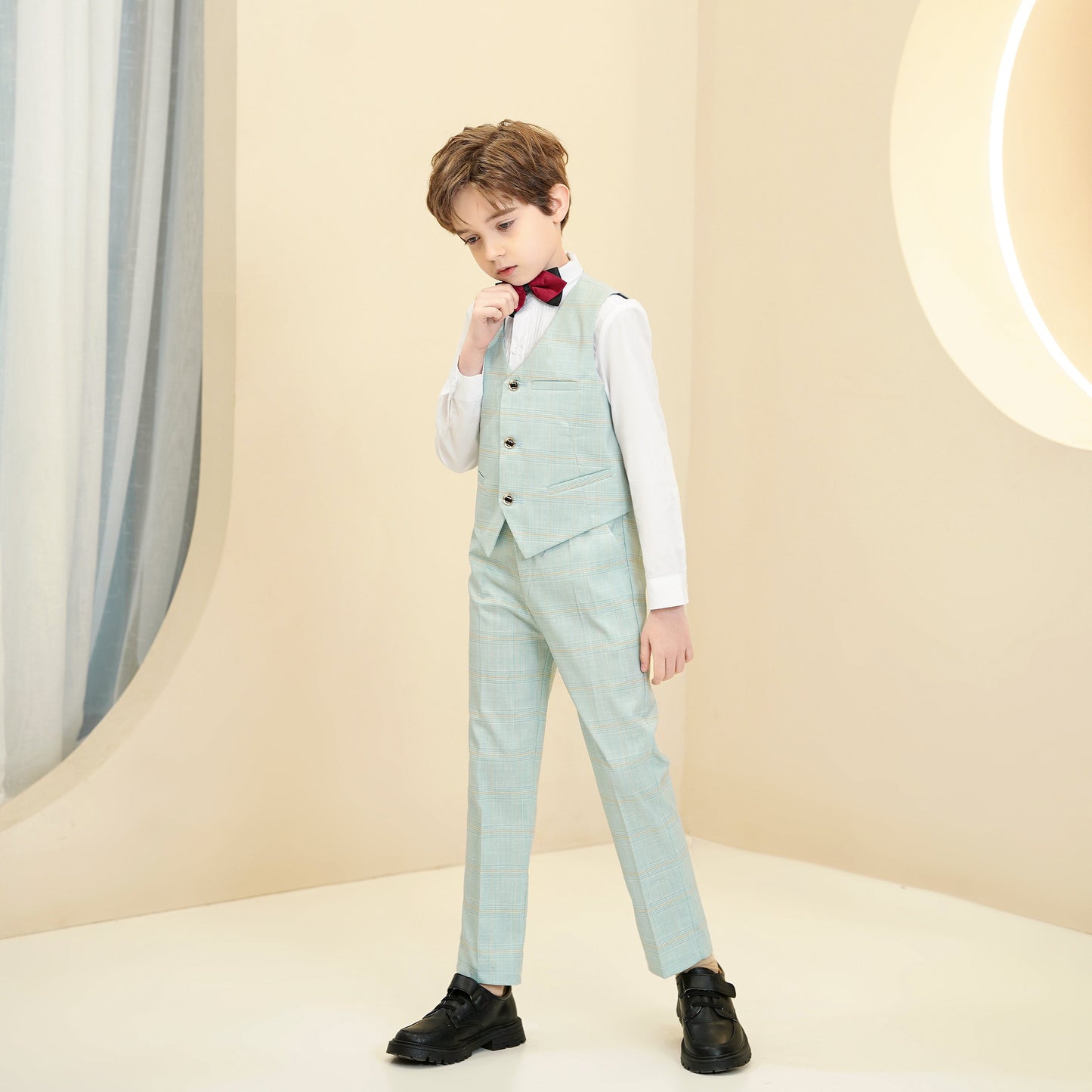 ly1279 Mint Green Plaid Elegant Formal 4 Piece Boys Suits