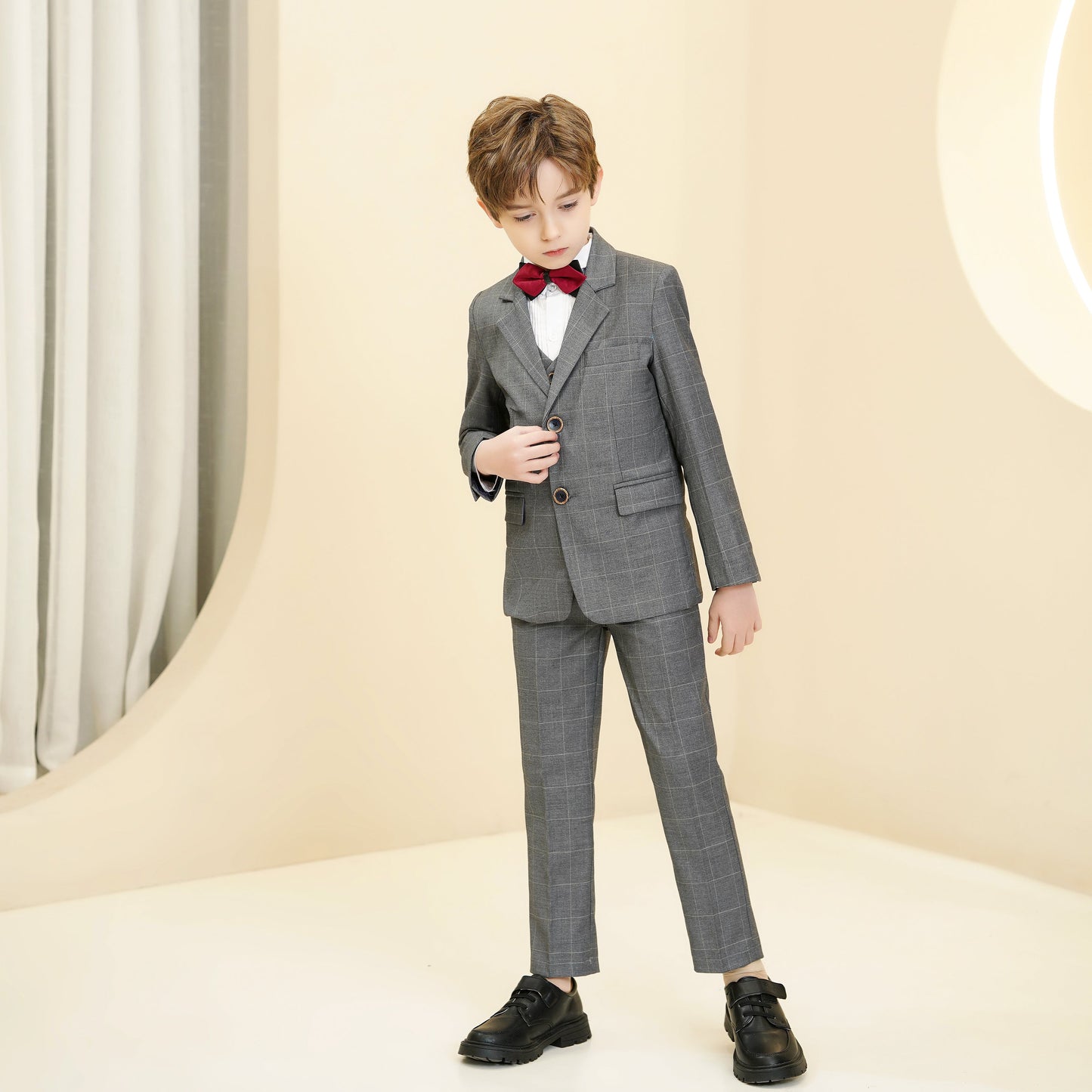 ly1282 Grey Plaid Elegant 5 Piece Boys Suits