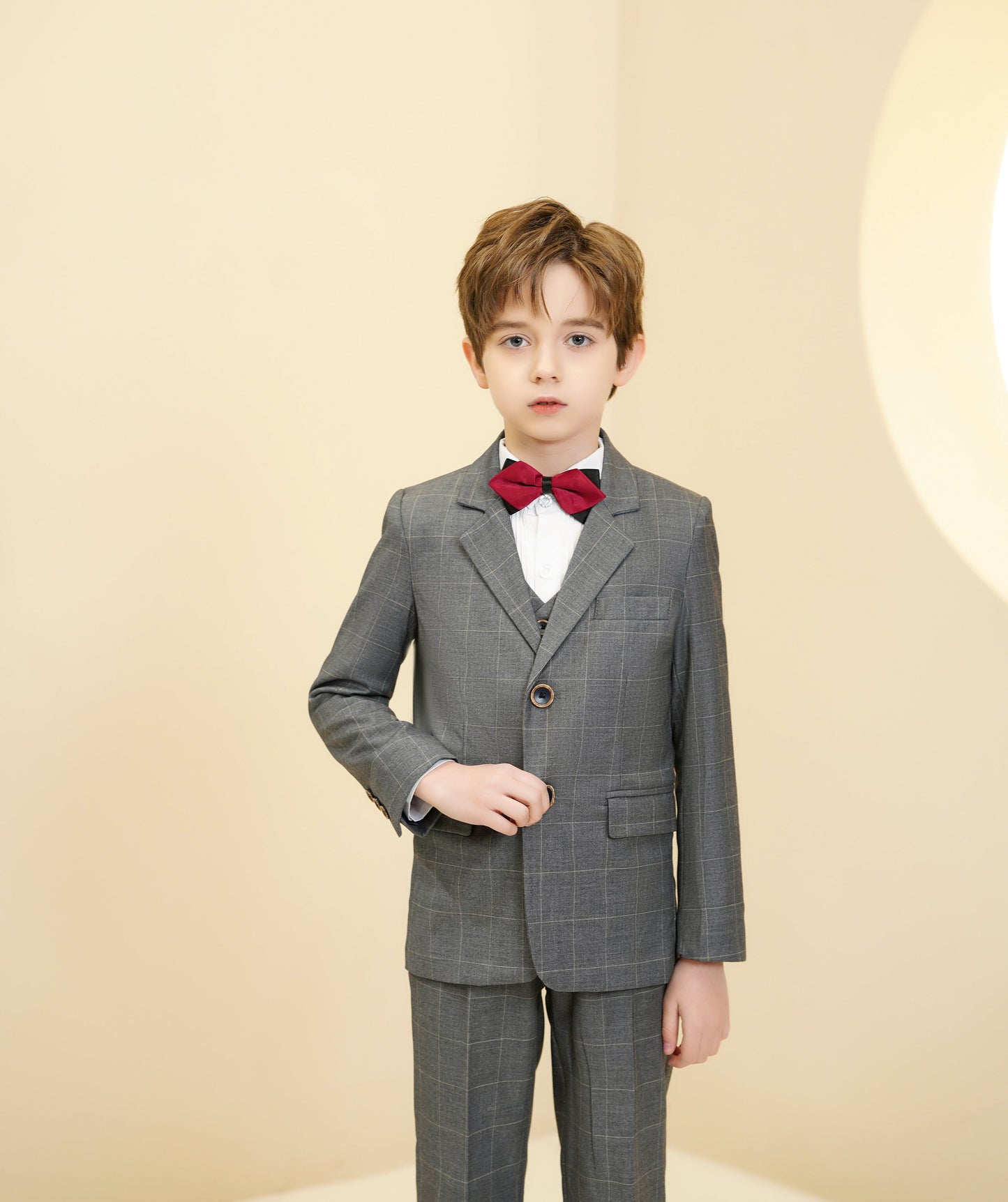 ly1282 Grey Plaid Elegant 5 Piece Boys Suits