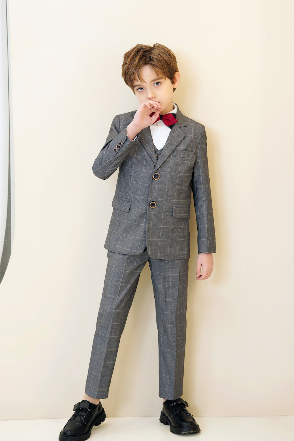 Grey Plaid Elegant 5 Piece Boys Suits