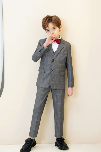 Grey Plaid Elegant 5 Piece Boys Suits