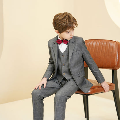 ly1282 Grey Plaid Elegant 5 Piece Boys Suits