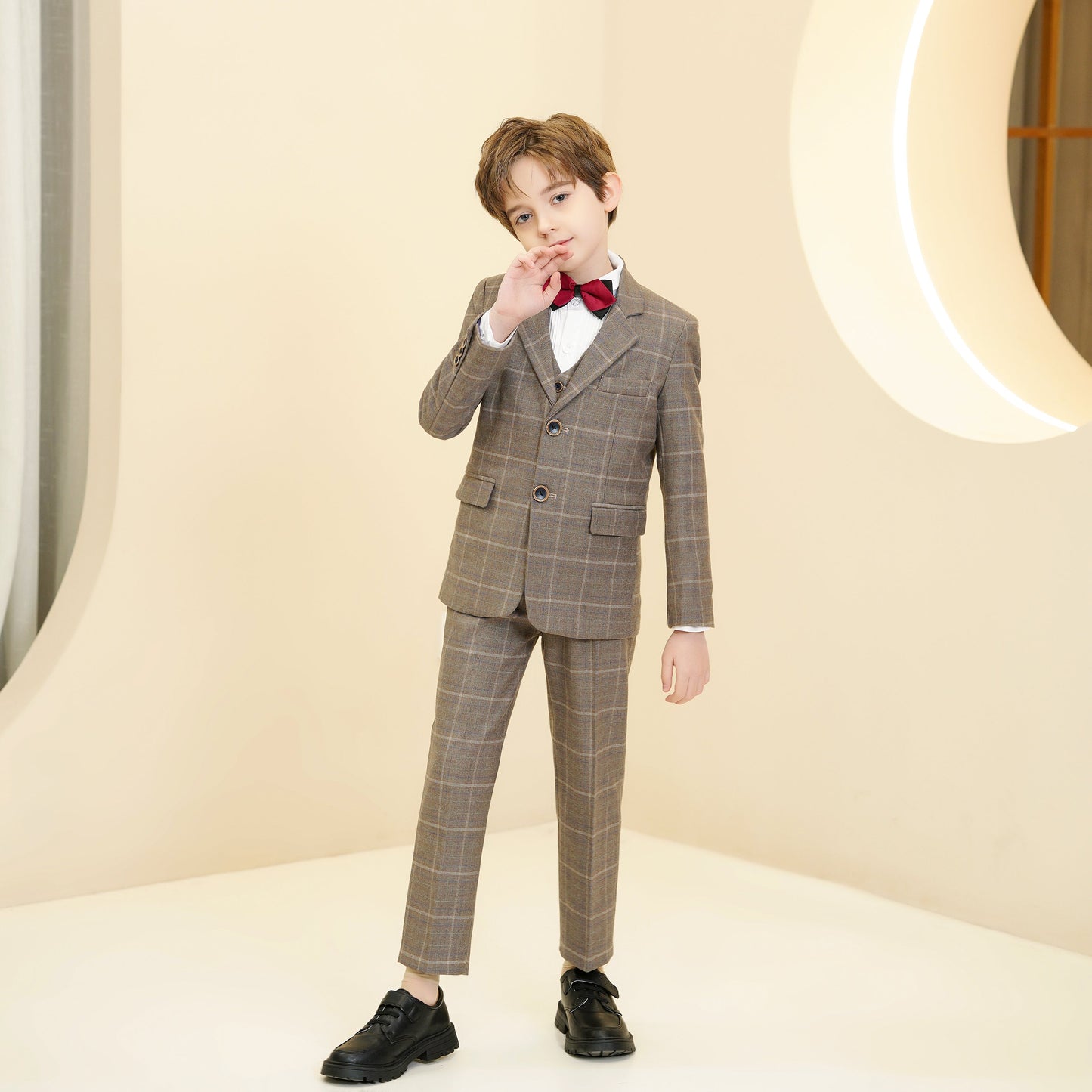 ly1281 Khaki Plaid Elegant 5 Piece Boys Suits