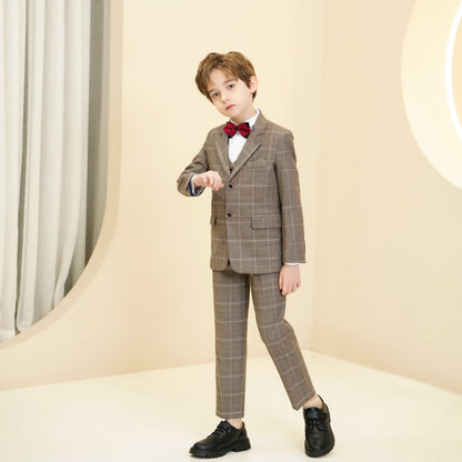 ly1281 Khaki Plaid Elegant 5 Piece Boys Suits