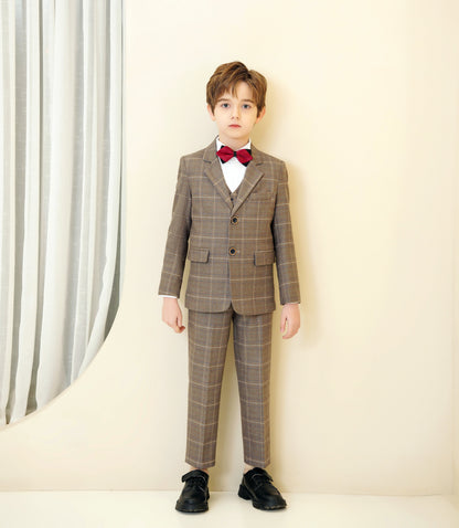 ly1281 Khaki Plaid Elegant 5 Piece Boys Suits