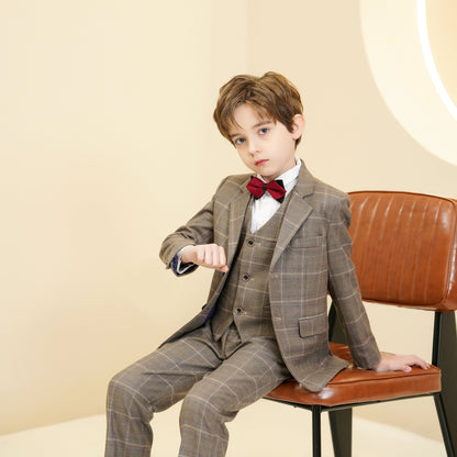 ly1281 Khaki Plaid Elegant 5 Piece Boys Suits