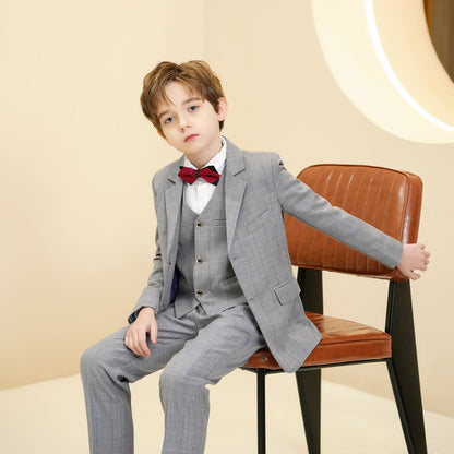 ly1599 Light Grey Plaid Elegant Formal 5 Piece Boys Suits