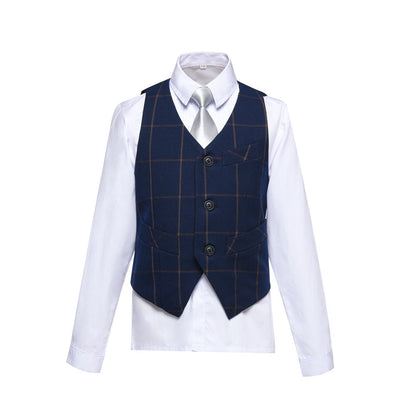 ly1602 Blue Plaid Elegant Formal 4 Piece Boy's Formal Suits With Vest+Pants+Shirt+Tie