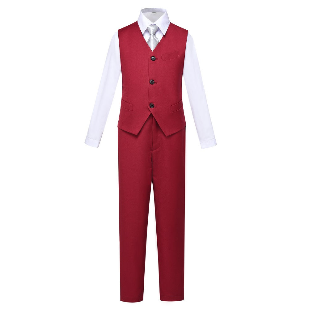 ly1613 Burgundy Custom Fit Slim 4 Piece Boy's Formal Suits With Vest+Pants+Shirt+Tie