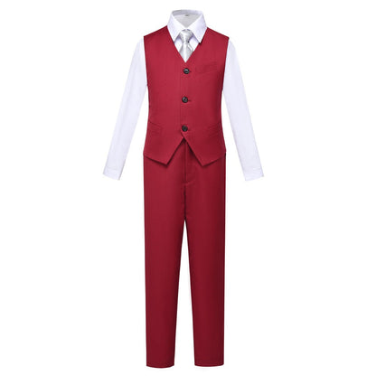 ly1613 Burgundy Custom Fit Slim 4 Piece Boy's Formal Suits With Vest+Pants+Shirt+Tie