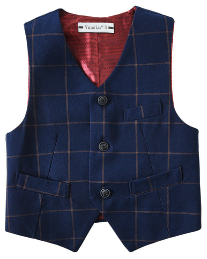 ly1746 Plaid Blue 4 Piece Boys' Formal Suit Set with Vest Pants Dress Shirt and Tie BS44