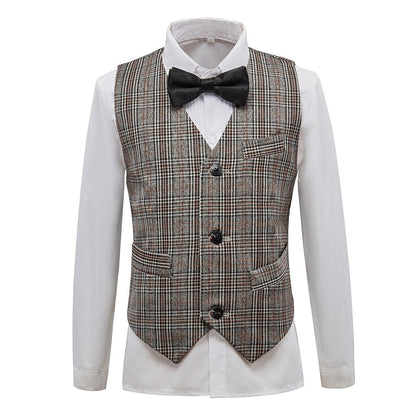 ly1587 Grey and Brown Plaid Formal 5 Piece Boys Suits