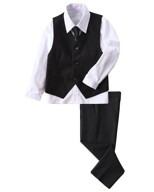 Black 4 Piece Boys' Formal Suit Set with Vest Pants Dress Shirt and Tie BS35