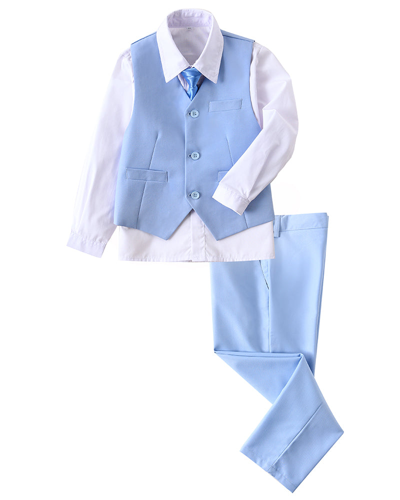 Light Blue 4 Piece Boys' Formal Suit Set with Vest Pants Dress Shirt and Tie BS42