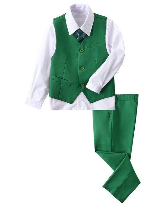 Green 4 Piece Boys' Formal Suit Set with Vest Pants Dress Shirt and Tie BS41