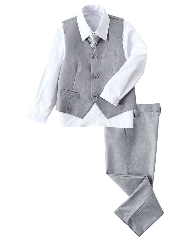 Gray 4 Piece Boys' Formal Suit Set with Vest Pants Dress Shirt and Tie BS40