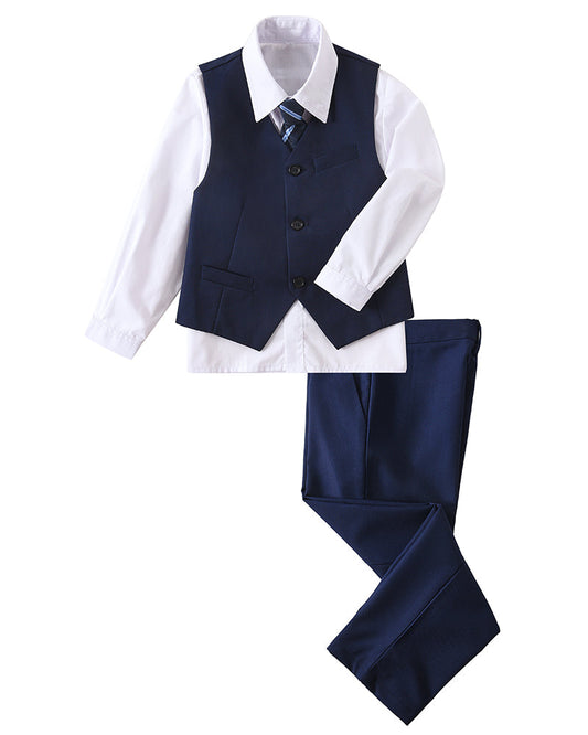 Blue 4 Piece Boys' Formal Suit Set with Vest Pants Dress Shirt and Tie BS37