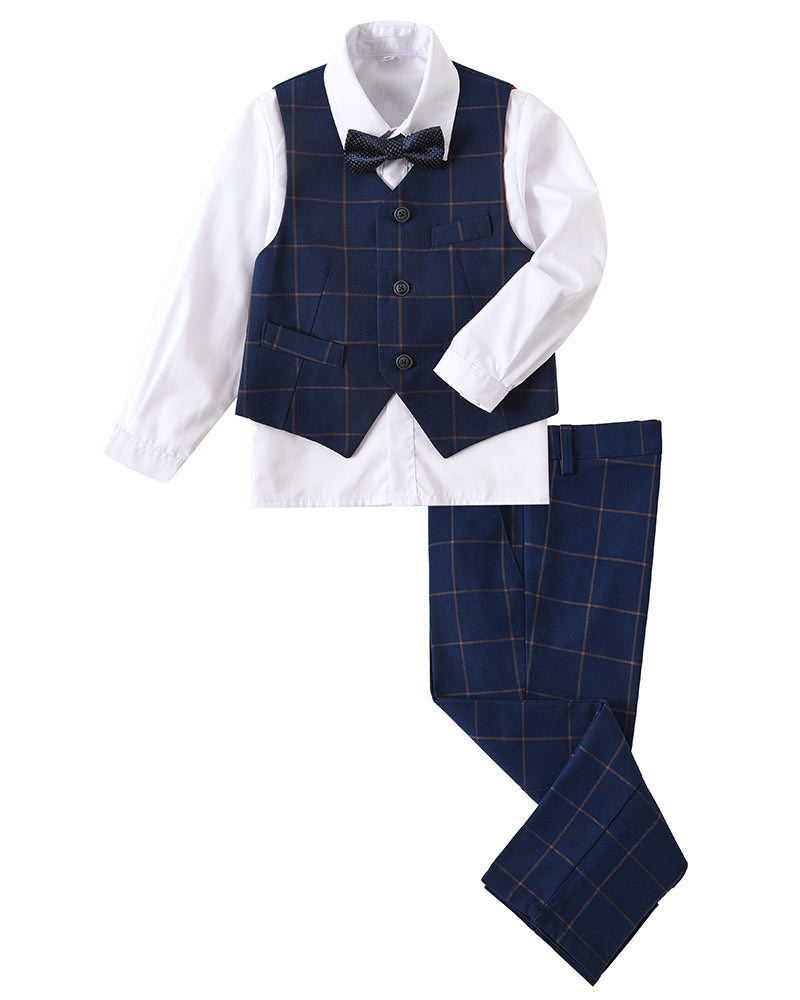 Plaid Blue 4 Piece Boys' Formal Suit Set with Vest Pants Dress Shirt and Tie BS44