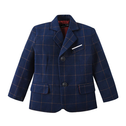 ly1585 Blue Plaid Elegant Formal 4 Piece Boys Suits With Jacket+Pants+Shirt+Tie