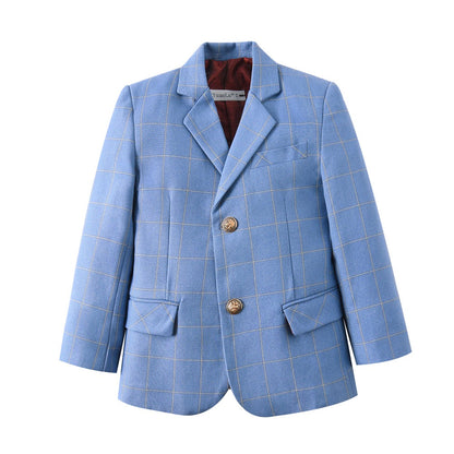 ly1586 Light Blue Plaid Elegant Formal 4 Piece Boys Suits With Jacket+Pants+Shirt+Tie