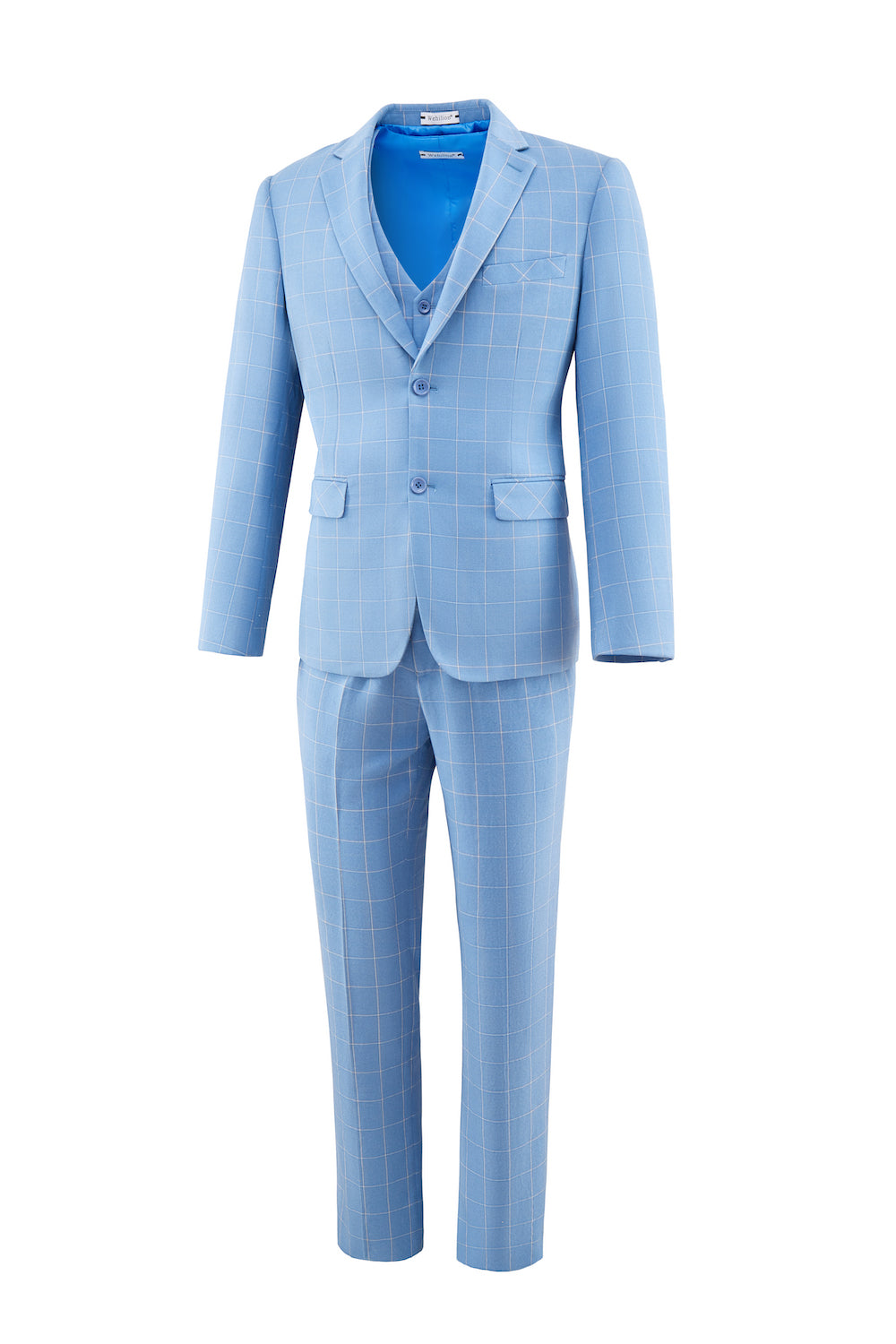 Light Blue Plaid Men's 3 Piece Slim Fit Suit Set