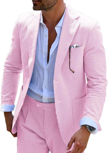 ly1169 Seersucker Striped Blazer Pants 2 Piece Men's Summer Suit