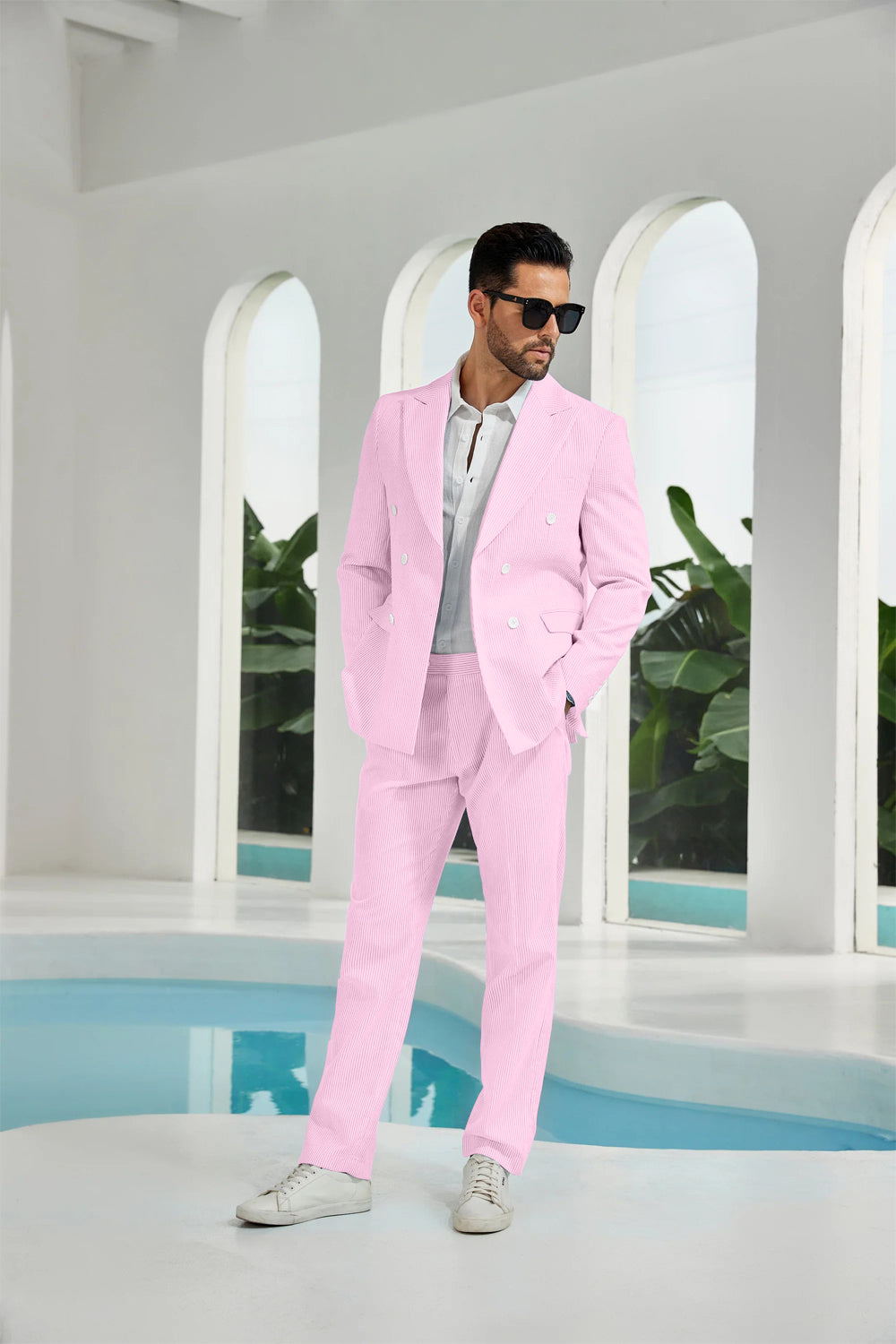 ly1113 Seersucker Double Breasted Blazer Pants 2 Piece Men's Summer Suit