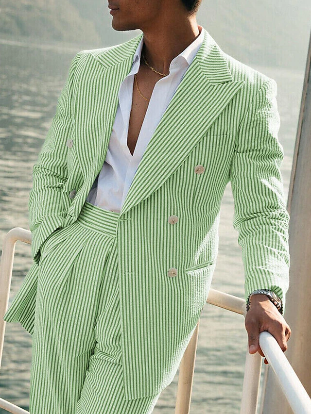 ly1126 Seersucker Striped Long Blazer Pants 2 Piece Men's Suit