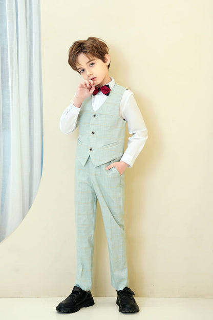 ly1590 Mint Green Plaid Formal 5 Piece Boys Suits