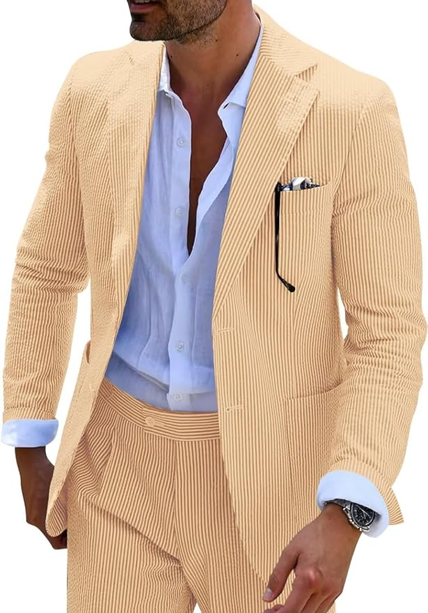 ly1169 Seersucker Striped Blazer Pants 2 Piece Men's Summer Suit